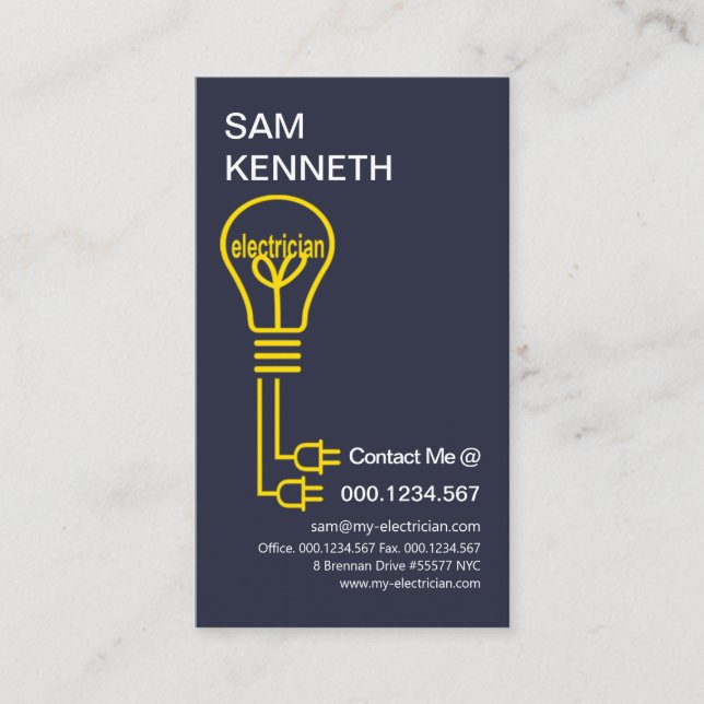 Creative Yellow Light Bulb Power Plug Electrician Business Card (Front)