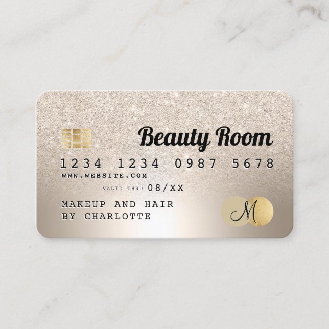 Credit card gold metallic beauty glitter monogram (Front)