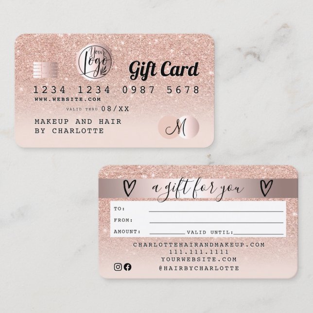 Credit card rose gold glitter ombre gift card (Front/Back)