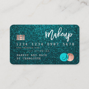Credit card turquoise glitter makeup hair monogram