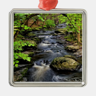 Creek flows through forest metal ornament