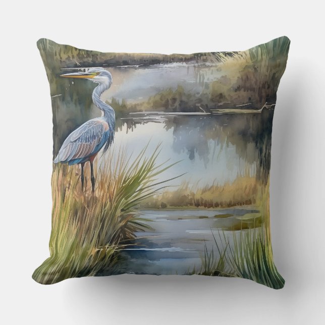 Creek Landscape with Grey Heron Throw Pillow (Front)