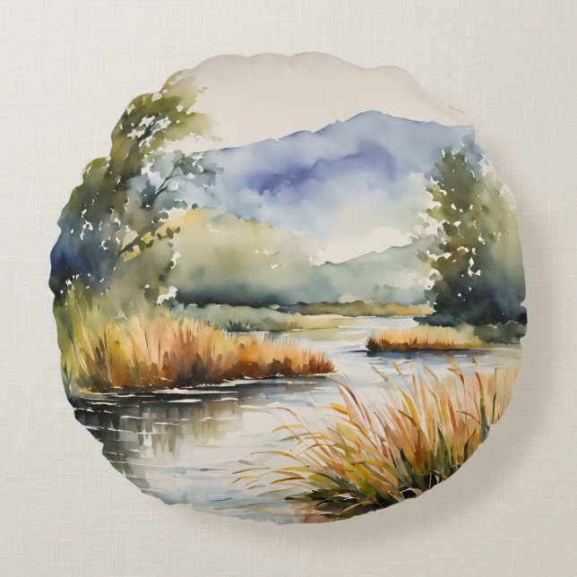 Creek Reeds Waterscape Mountains Round Pillow (Front)
