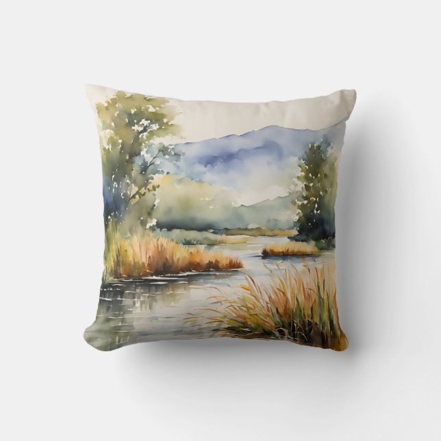 Creek Reeds Waterscape Mountains  Throw Pillow (Front)