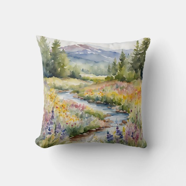 Creek Wildflowers Mountains Waterscape Watercolor  Throw Pillow (Front)