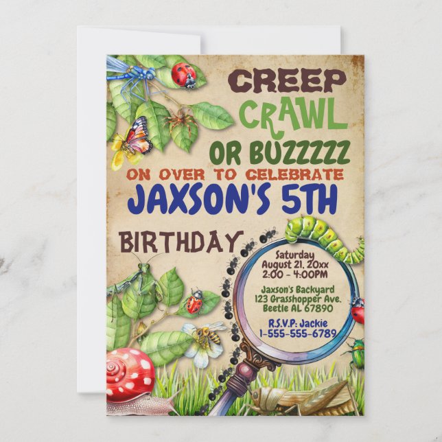 Creep, Crawl or Buzzzz Boys Bug Birthday Party Invitation (Front)