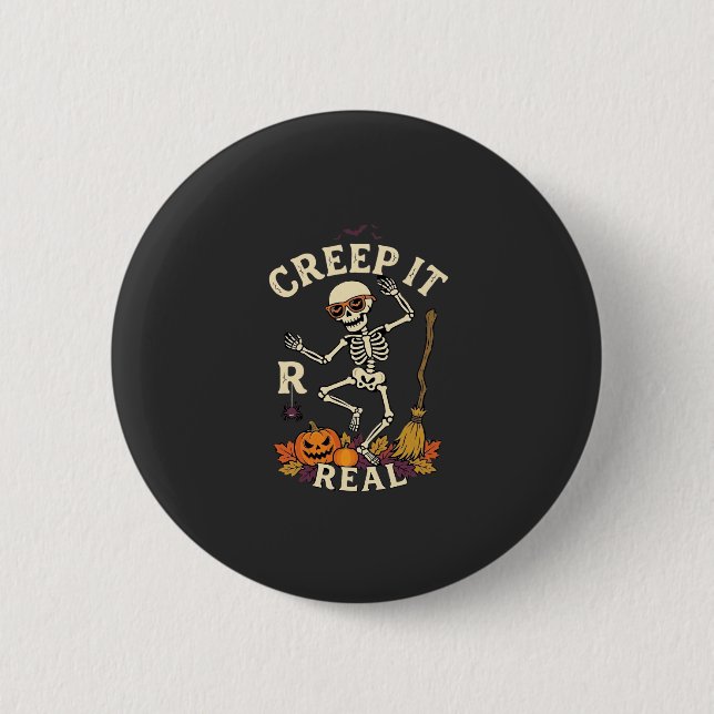 Creep It Real Dancing Skeleton Pumpkin Broom_1 2 Inch Round Button (Front)