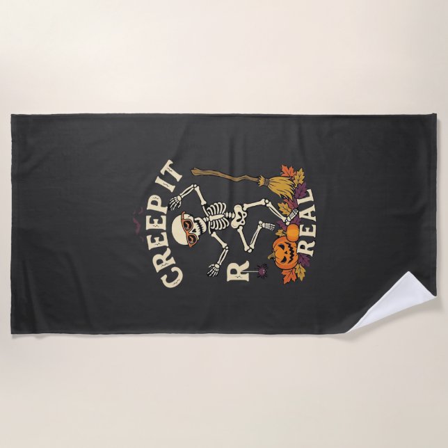 Creep It Real Dancing Skeleton Pumpkin Broom_1 Beach Towel (Front)