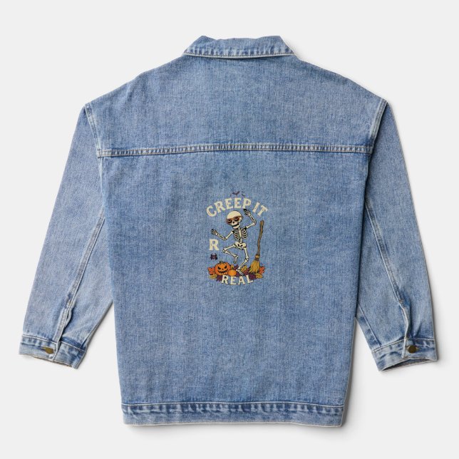 Creep It Real Dancing Skeleton Pumpkin Broom_1 Denim Jacket (Back)