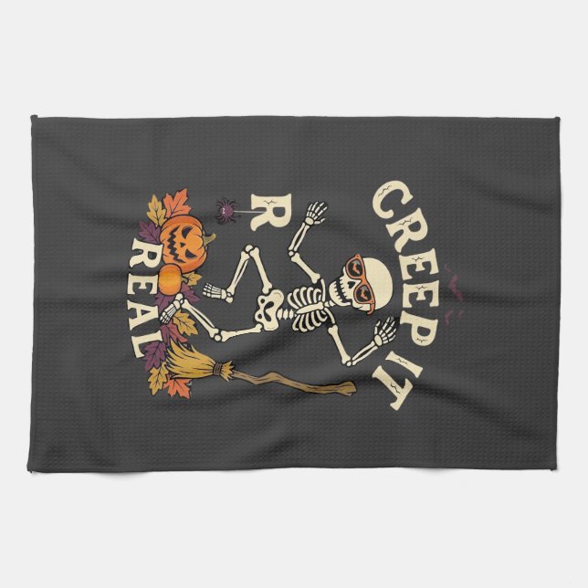 Creep It Real Dancing Skeleton Pumpkin Broom_1 Kitchen Towel (Horizontal)