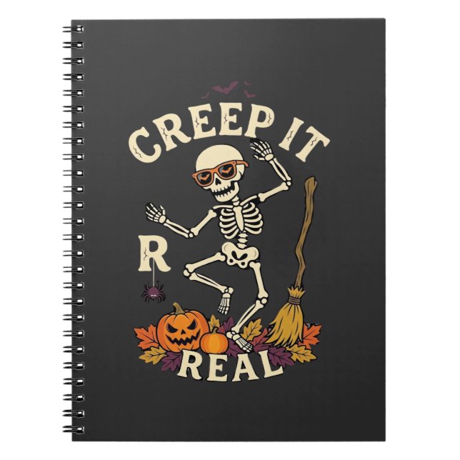 Creep It Real Dancing Skeleton Pumpkin Broom_1 Notebook (Front)