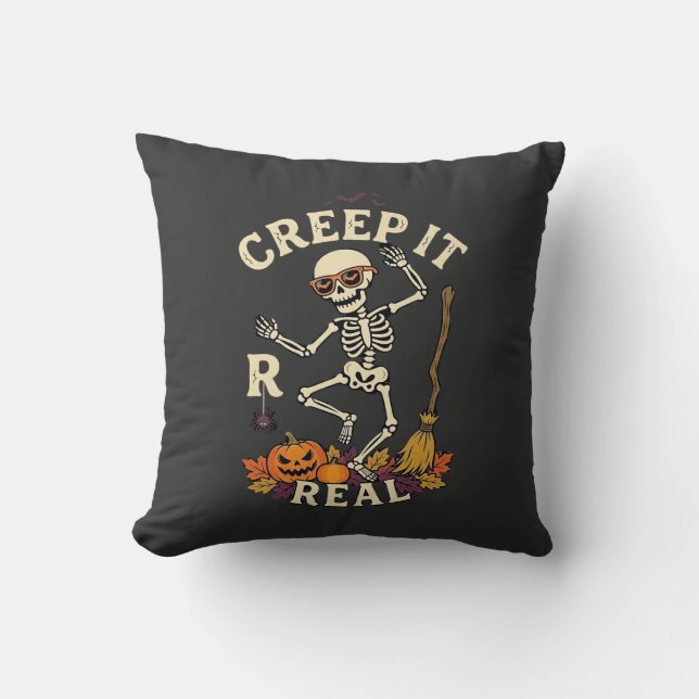 Creep It Real Dancing Skeleton Pumpkin Broom_1 Throw Pillow (Front)