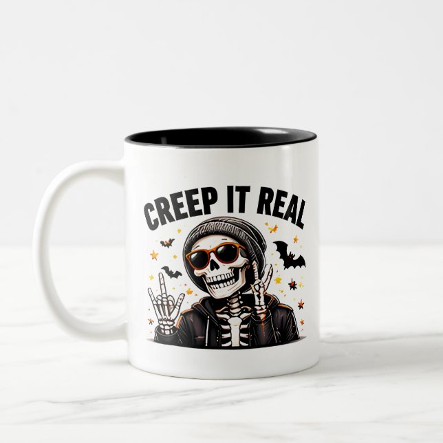 Creep It Real Funny Cool Skeleton Halloween Two-Tone Coffee Mug (Left)