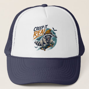 Creep It Real Funny Raccoon Skateboarding Trucker Hat