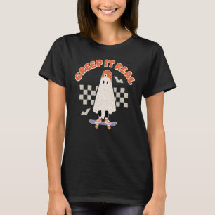 Creep It Real Ghost Skateboard Halloween Bat Check T-Shirt