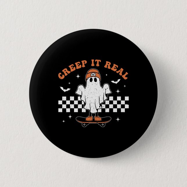 Creep It Real Ghost Skateboard Retro Cute Hallowee 2 Inch Round Button (Front)