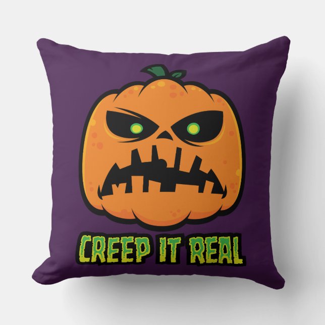 Creep It Real Grumpy Halloween Pumpkin Throw Pillow (Front)