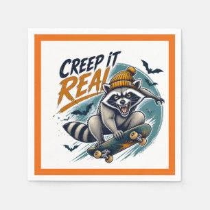 Creep It Real Halloween Raccoon Skateboard Art Napkin