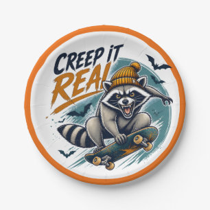 Creep It Real Halloween Raccoon Skateboard Art Paper Plate
