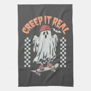 Creep It Real Retro Halloween Skate Ghost  Kitchen Towel