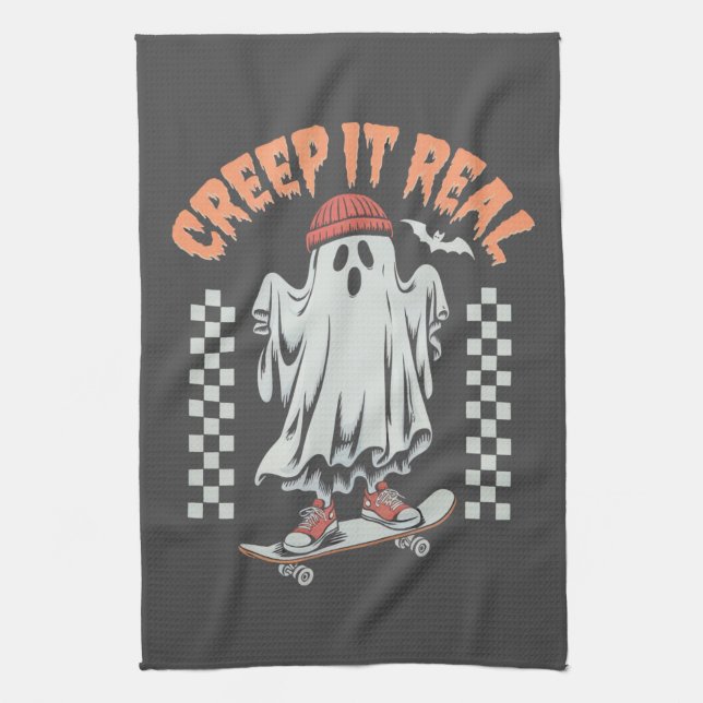 Creep It Real Retro Halloween Skate Ghost  Kitchen Towel (Vertical)