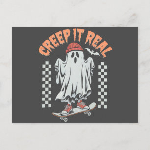 Creep It Real Retro Halloween Skate Ghost  Postcard