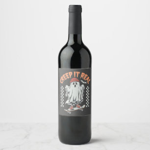 Creep It Real Retro Halloween Skate Ghost Wine Label