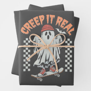 Creep It Real Retro Halloween Skate Ghost  Wrapping Paper Sheet