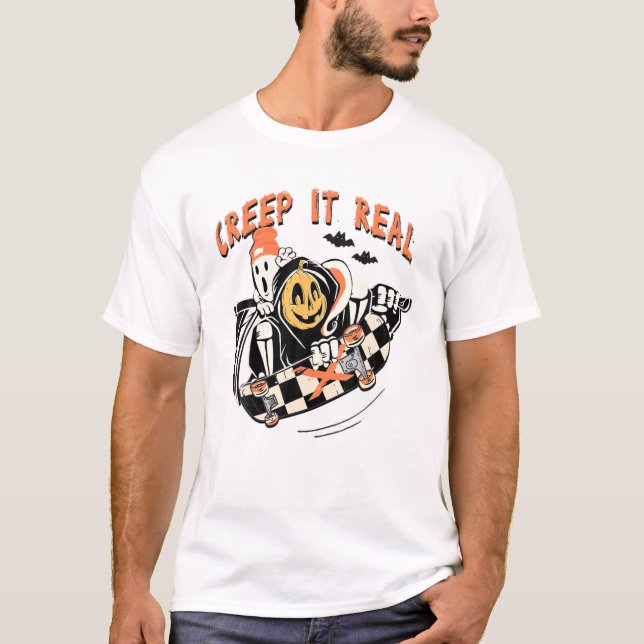 Creep It Real Skater Boy Ghost Pumpkin Skeleton Sk T-Shirt (Front)