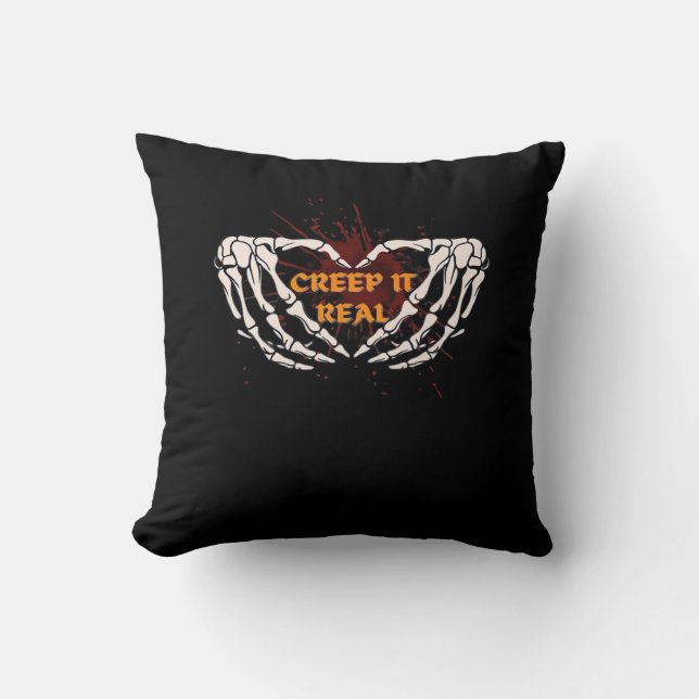 Creep It Real, Skeleton Hands Showing Heart Throw Pillow (Front)