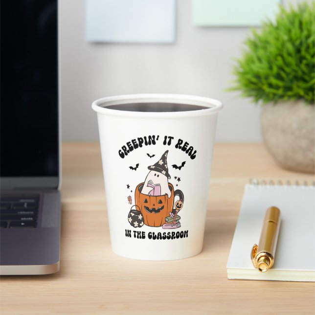 Creepin’ It Real cute Cute Retro Halloween Teacher Paper Cups (Insitu)