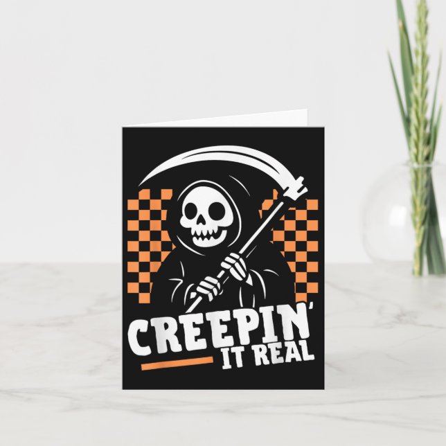 Creepin It Real Retro Grim Reaper Funny Halloween  Card (Front)