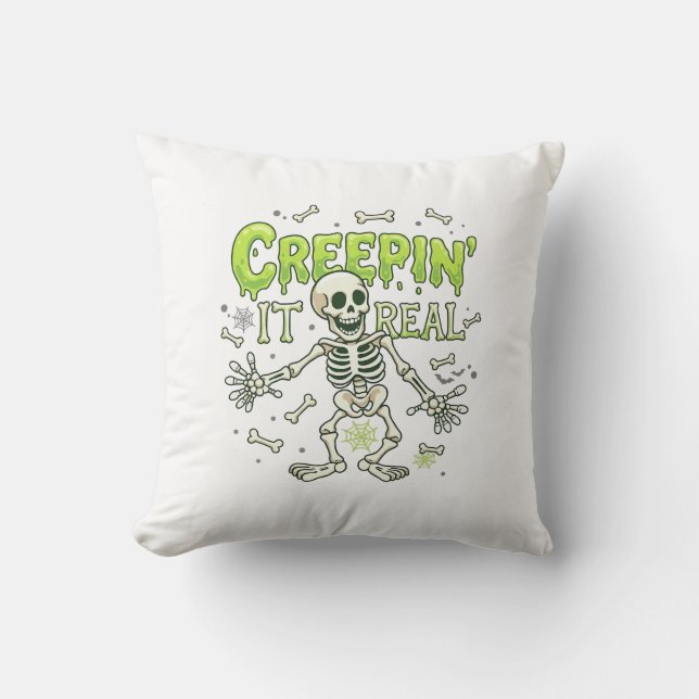 Creepin It Real Skeleton Halloween Bones Spider We Throw Pillow (Front)