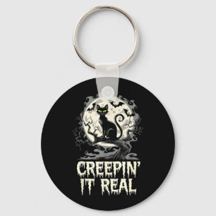 Creepin Real Design For Halloween Black Cat Lover Keychain