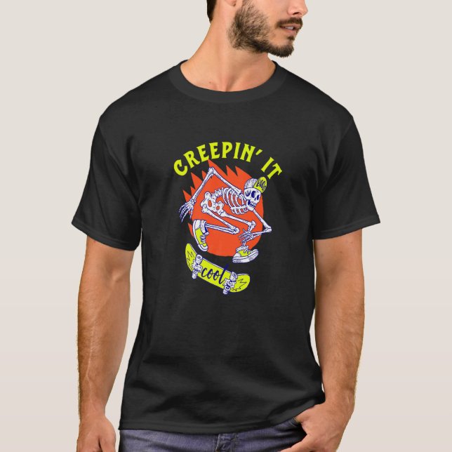 Creeping It Cool Retro Skateboarding Skeleton Hall T-Shirt (Front)