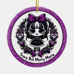 Creepmas Purple Goth Girl Floral Skull Wreath Ceramic Ornament