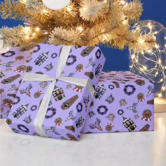 Creepmas Purple Pattern w/ Skulls, Haunted House Wrapping Paper