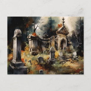 Creepy and Beautiful Grey Cemetery Halloween Holiday Postcard