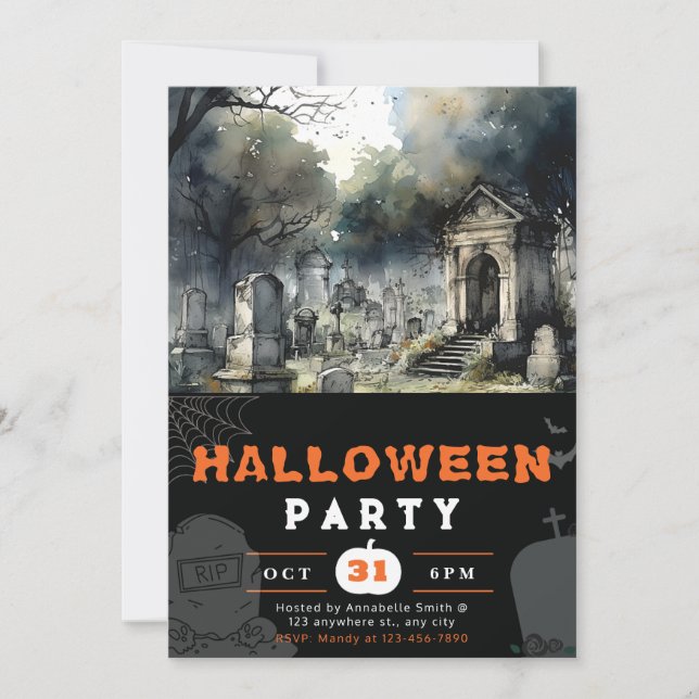 Creepy and Scary Cemetery Black Halloween Invitation (Front)