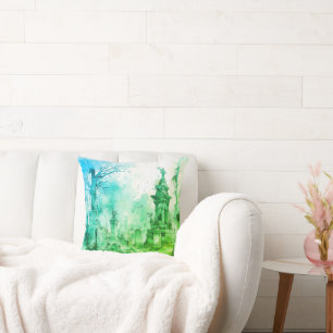 Creepy and Spooky Cemetery Green & Blue Halloween Throw Pillow