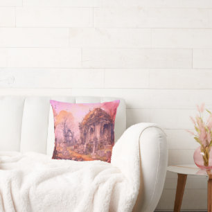 Creepy and Spooky Cemetery Pink Halloween Throw Pillow