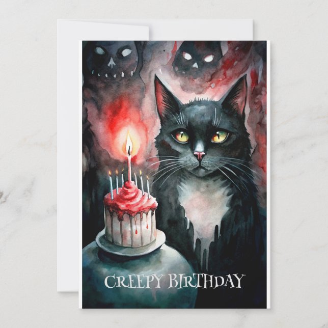 Creepy B-Day Cat With Cake And Ghostly Creatures Holiday Card (Front)