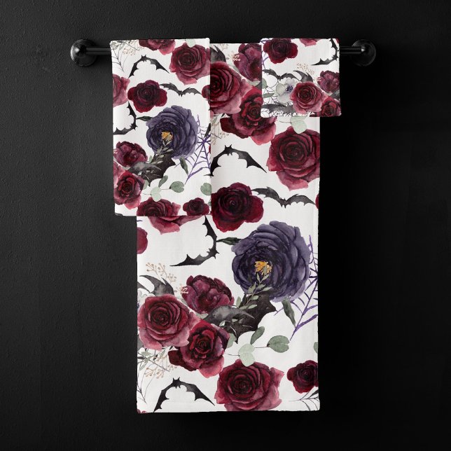 Creepy Beautiful | Dark Gothic Roses with Bats Bath Towel Set (Creator Uploaded)