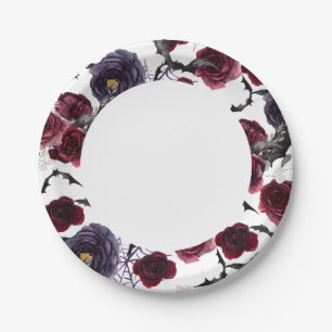 Creepy Beautiful Dark Gothic Roses with Bats Paper Plate