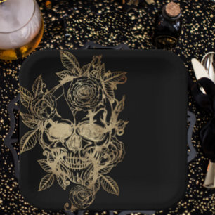 Creepy Beautiful Gold Grunge Skull with Rose Paper Plate