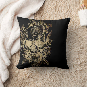 Creepy Beautiful   Gold Grunge Skull with Rose Throw Pillow