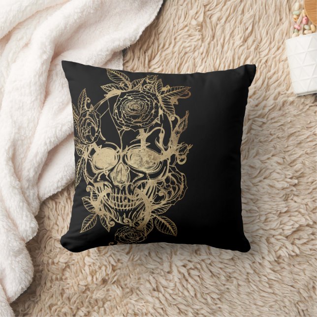 Creepy Beautiful | Gold Grunge Skull with Rose Throw Pillow (Blanket)