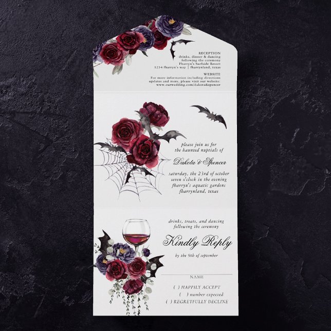 Creepy Beautiful | Gothic Red Purple Floral Bats All In One Invitation (Creator Uploaded)