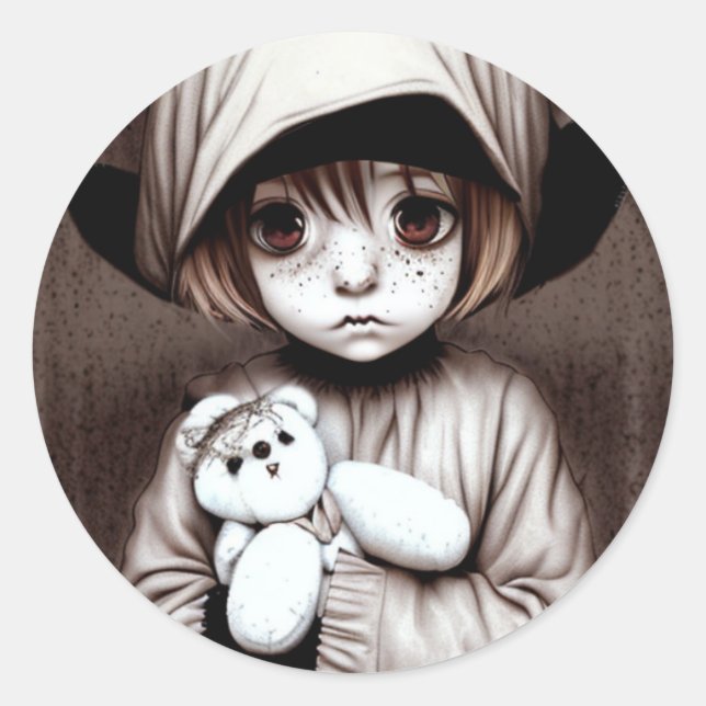 Creepy Big Eyed Boy with Teddy Bear Halloween Classic Round Sticker (Front)