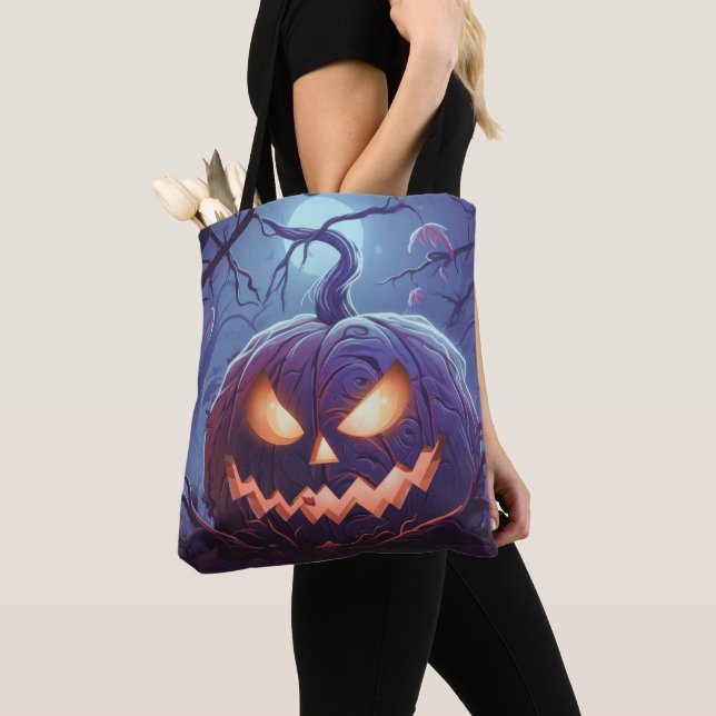 Creepy Big Jack-O' Lantern in the Forest Halloween Tote Bag (Close Up)